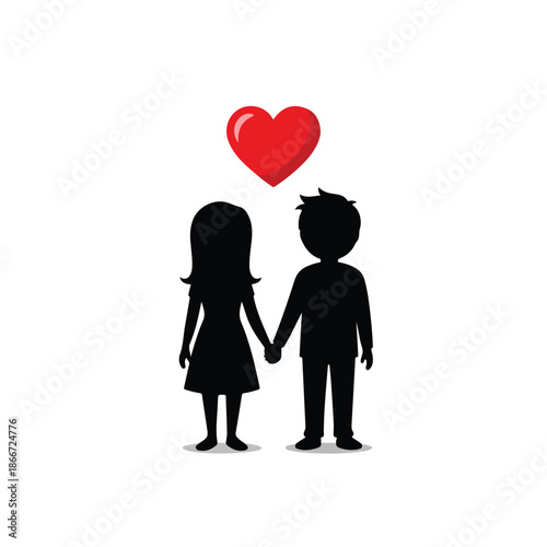 A couple silhouette holding hands with a heart above