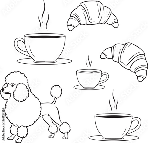 Elegant black and white line art featuring a poodle, steaming coffee cups, and flaky croissants. Perfect for cafe-themed designs or Parisian-style illustrations.
