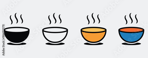 Hot Soup Bowl Four Styles, Black Solid, Glyph, Outline, Minimal Flat, Multicolor Filled, Cartoon Flat Shaded Vector Illustration
