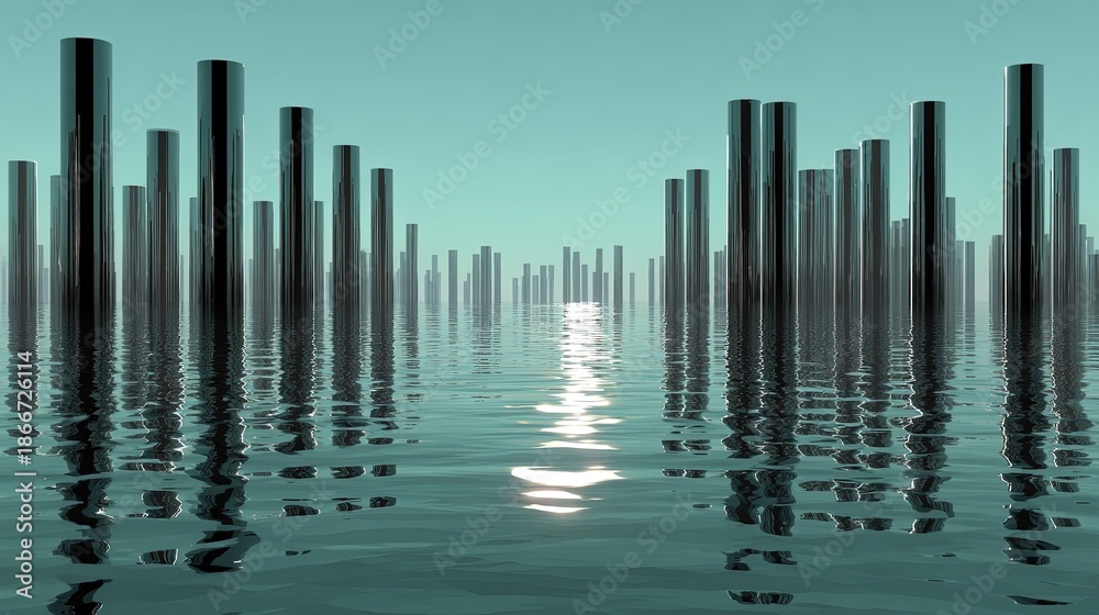Obraz premium Array of tall dark metallic cylinders rising from rippling turquoise water toward a calm sky