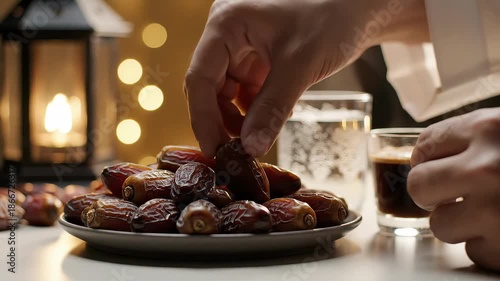 Hands Picking Dry Dates For Ramadan Iftar With Arabic Coffee And Water