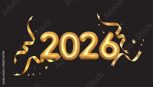 Golden 2026 Celebration with Confetti and Ribbons