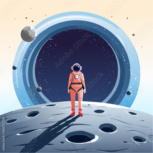 Inspiring astronaut standing on the moon looking towards distant stars, a cosmic journey and human exploration, perfect for science and space exploration themes