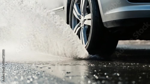 Car driving through puddle creating water splash on wet road.