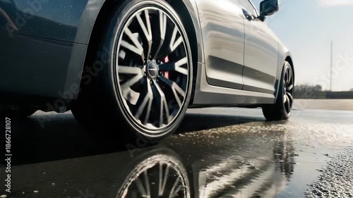Car driving through water creating a splash on a wet road surface.