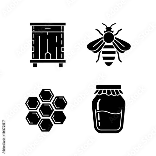 Collection of Four Black Icons Related to Beekeeping and Honey Production.