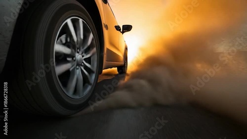 Car kicking up dust on a desert road at sunset.