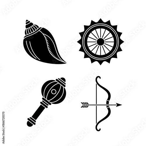 Collection of Four Hindu Religious Symbols in Black Silhouette.