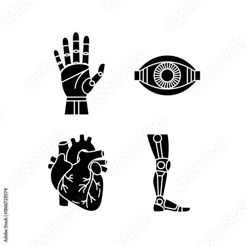 Collection of robotic and biological body parts icons.