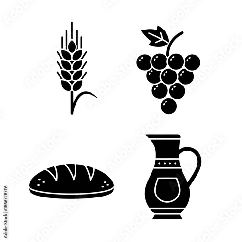 Four Icons Representing Bread Grapes Wheat and Pitcher.