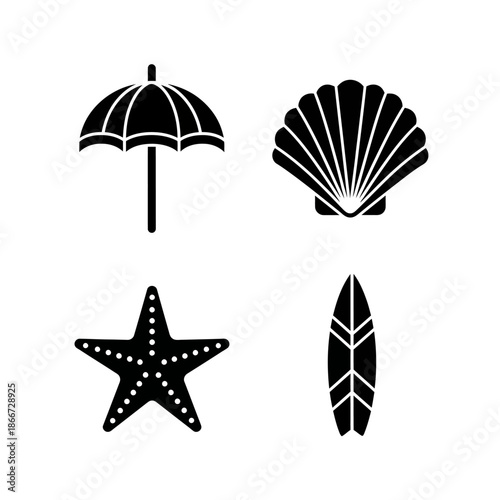 Set of four black and white beach icons including an umbrella, seashell, starfish, and surfboard.