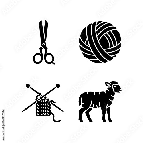 Set of four black icons representing crafting and wool production.