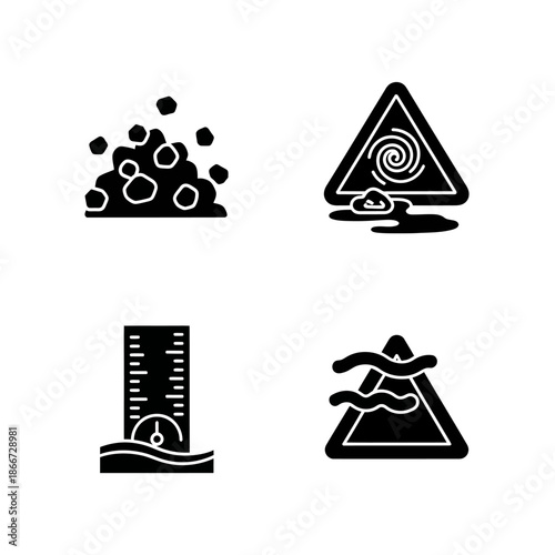 Set of four black icons representing natural disasters and environmental hazards.