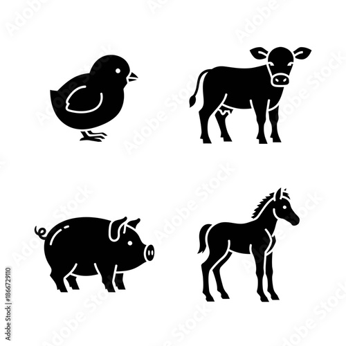 Set of Four Farm Animal Silhouettes Including Chick Pig Cow and Horse.