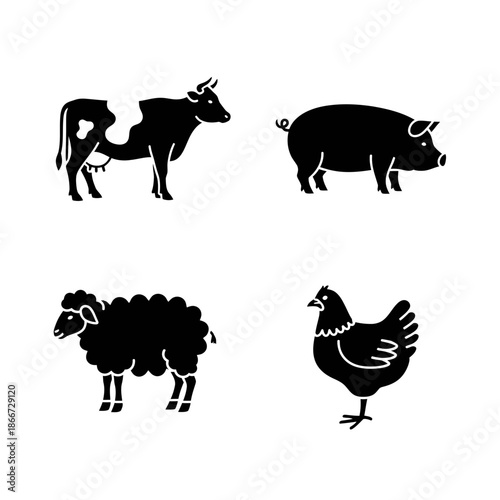 Set of Four Farm Animal Silhouettes Including Cow Pig Sheep and Chicken.