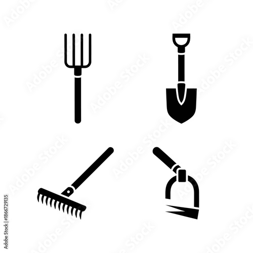Set of four garden tools icons in black silhouette.