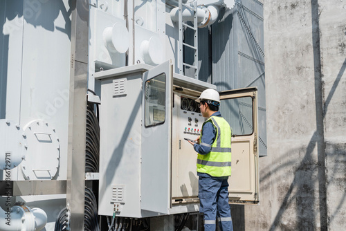 Foto Electrical engineer in safety vest using digital tablet to inspect control panel of high voltage transformer at substation, monitoring energy system performance and industrial infrastructure