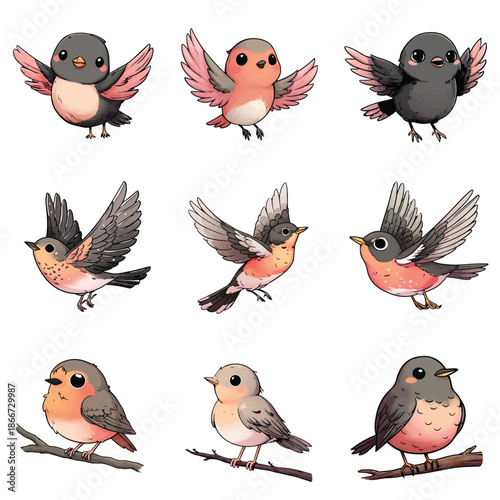 Set Icon of  thrush kawaii style minimal flat