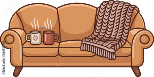 Cozy Cartoon Page Furniture Sofa with Blanket and Coffee Mugs Vector Graphic Illustration for Relaxation