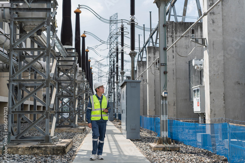 Schilderij op canvas Professional electrical engineer walking through power substation switchyard for routine inspection of high voltage insulators and industrial electrical infrastructure equipment