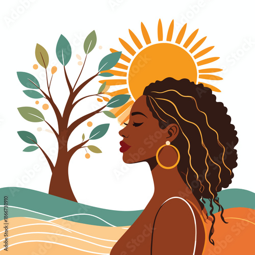 Serene woman in profile with closed eyes, embracing nature under a warm sun, vector illustration