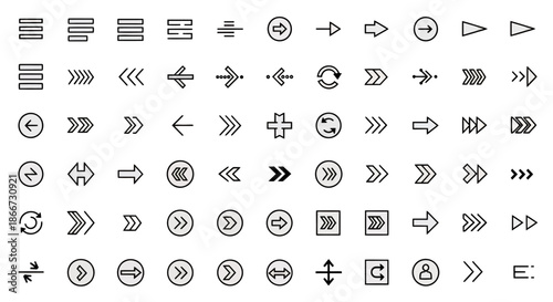 A comprehensive collection of black line art arrow icons and directional symbols for modern user interface design and web navigation purposes.