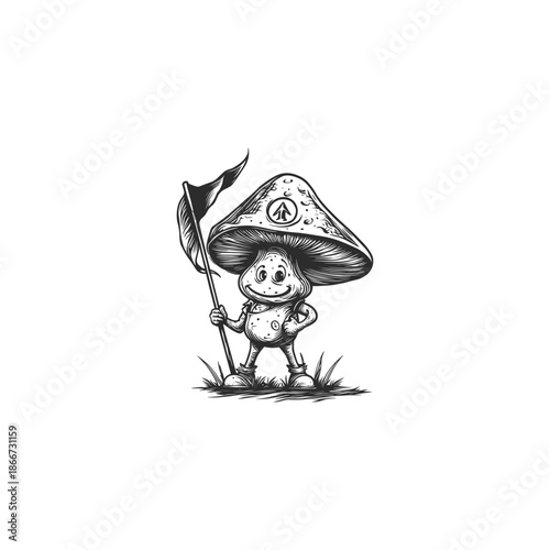 Vintage hand-drawn engraving of a cute anthropomorphic mushroom character walking and holding a small flag.
