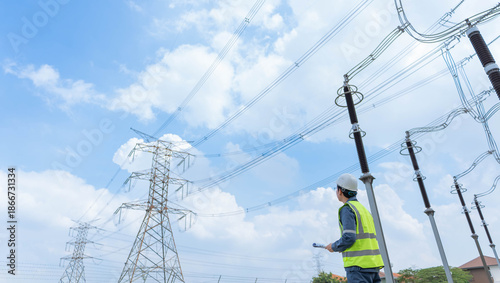 Photos Engineer inspecting high voltage transmission lines inside electrical substation yard, ensuring power grid reliability, safety compliance, and infrastructure monitoring