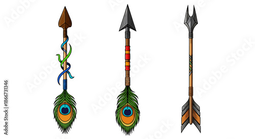 Three decorative arrows with colorful feather designs and unique arrowheads on a white background.