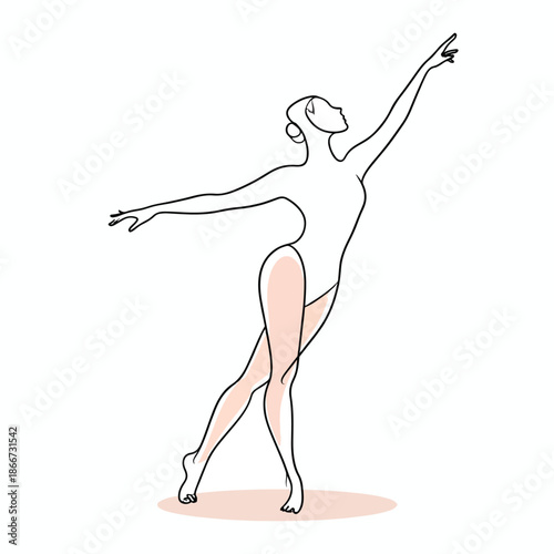Elegant minimalist vector illustration of a graceful woman performing a ballet dance pose with outstretched arms.