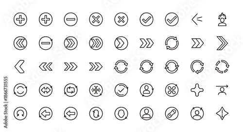 A comprehensive set of modern line icons featuring various arrows, navigation symbols, and user interface elements for web and app design.