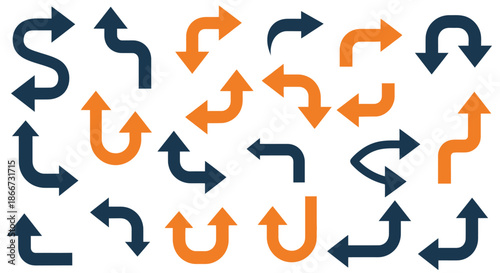 Pattern of various curved and straight directional arrows in blue and orange colors.