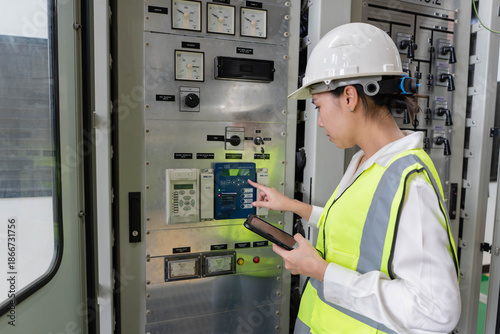 Quadro su tela Female electrical engineer tests digital protection relay on control panel, verifying system parameters and operational status to ensure power reliability and safe operation