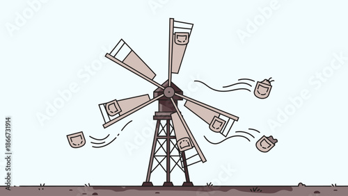 A stylized brown windmill structure with six rotating arms releasing small pouchlike objects into the air