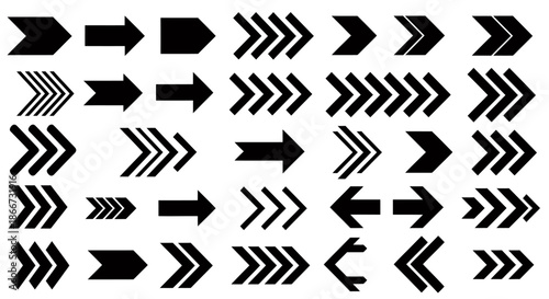 Collection of various black arrow icons in different styles and directions on a white background.