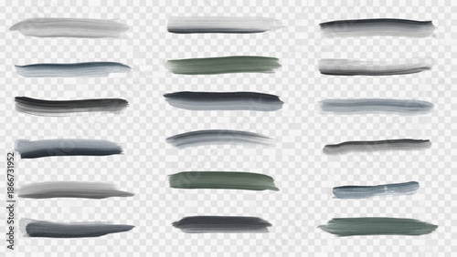 Collection of varied abstract brush strokes in shades of gray blue and green on a transparent background for design and artistic use