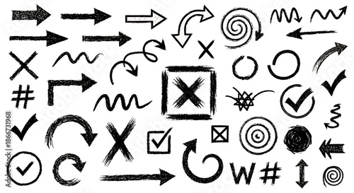 Hand drawn sketchy arrows, symbols, and check marks in black ink on white background.
