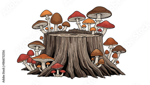An illustration of a decaying tree stump covered in various brown and red mushrooms