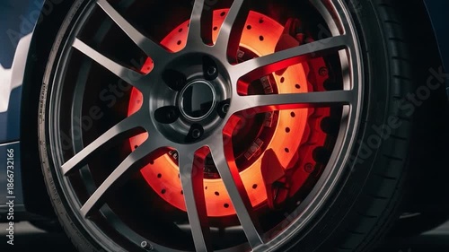 Close-up of a car wheel with a glowing brake disc during high-speed driving.