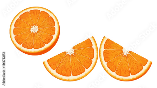 An orange slice crosssection and two orange wedges on a white background