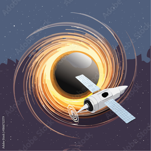 Futuristic exploration concept depicting a spacecraft investigating a black hole in deep space, venturing into the unknown for scientific discovery and adventure
