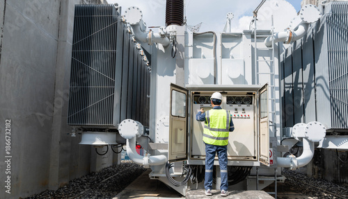 Foto Professional engineer inspecting control panel and monitoring gauges of power transformer at high voltage substation to ensure industrial energy infrastructure and grid safety