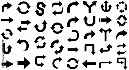 Collection of various black arrow icons showing different directions and turns on a white background.