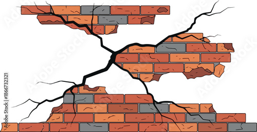 Cracked Brick Wall Damage and Destruction Depicted in a Detailed Vector Illustration