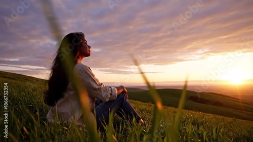 Golden hour glow young woman sits serenely on hillside watching vibrant sunset dreaming of her future adventures and possibilities
