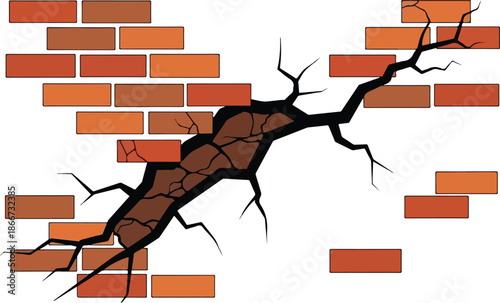 Brick Wall with a Large Crack - Damage and Destruction Illustration