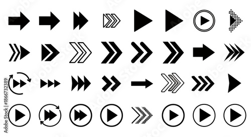 Collection of various black arrow and play icons with different geometric styles and outlines.