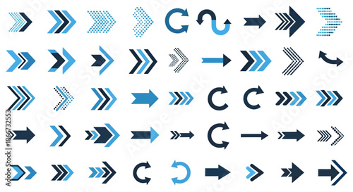 Collection of various blue and black arrow icons in different styles and directions.