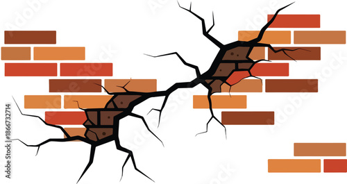 Cracked Brick Wall A Vector Illustration Depicting Damage, Destruction, and Decay