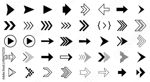Collection of various black and white arrow icons in different styles and directions.
